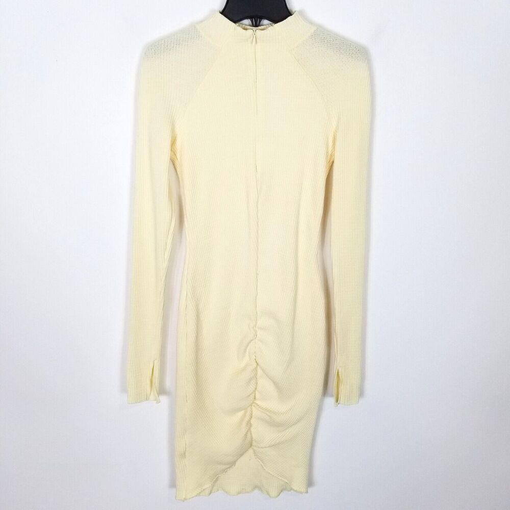 Staple&Hue Cream Ribbed Long Sleeve Ruched Knit Dress